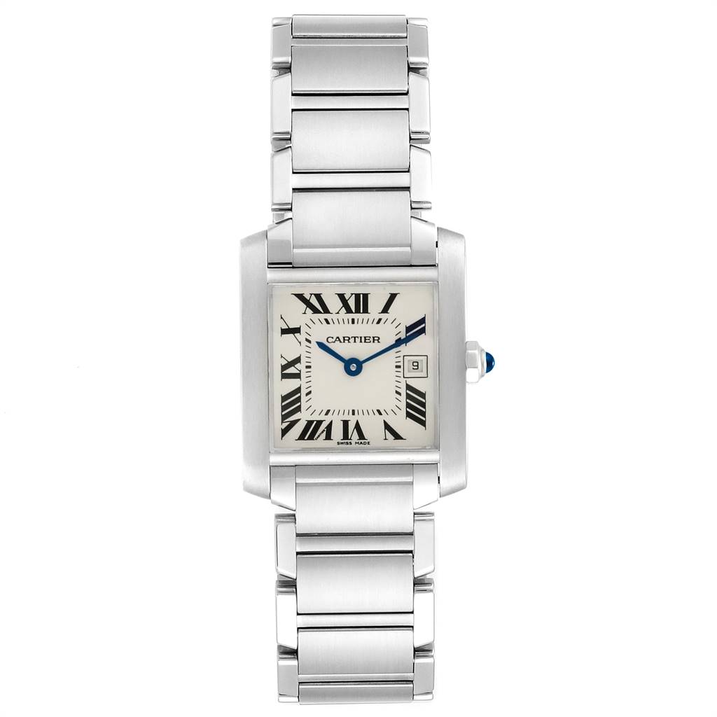 This image shows a front view of the Cartier Tank Francaise W51011Q3 Women's Stainless Steel Silver Dial W51011Q3 Women's Stainless Steel Silver Dial watch, displaying the face, bracelet, and crown.