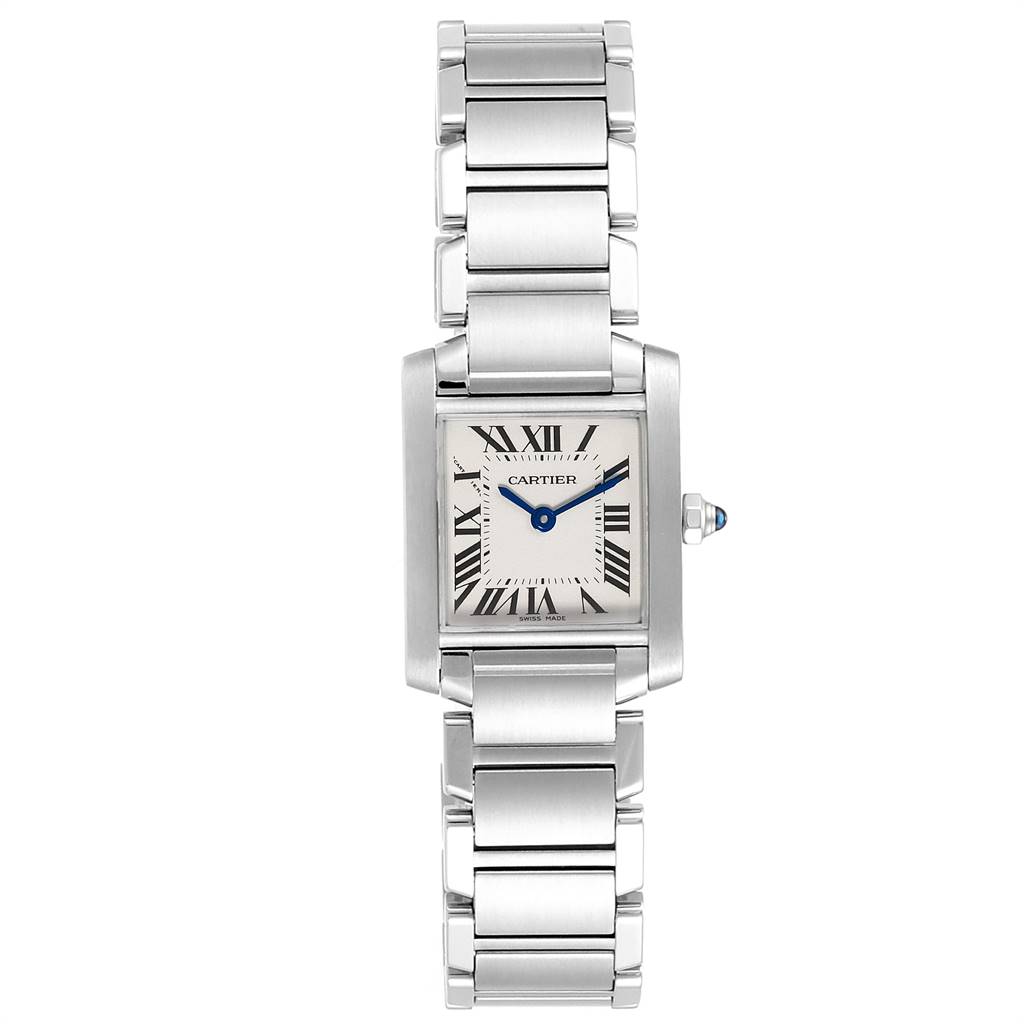 The image shows a front view of the Cartier Tank Francaise W51008Q3 Women's Stainless Steel Silver Dial W51008Q3 Women's Stainless Steel Silver Dial watch, displaying its bracelet and square dial with blue hands.