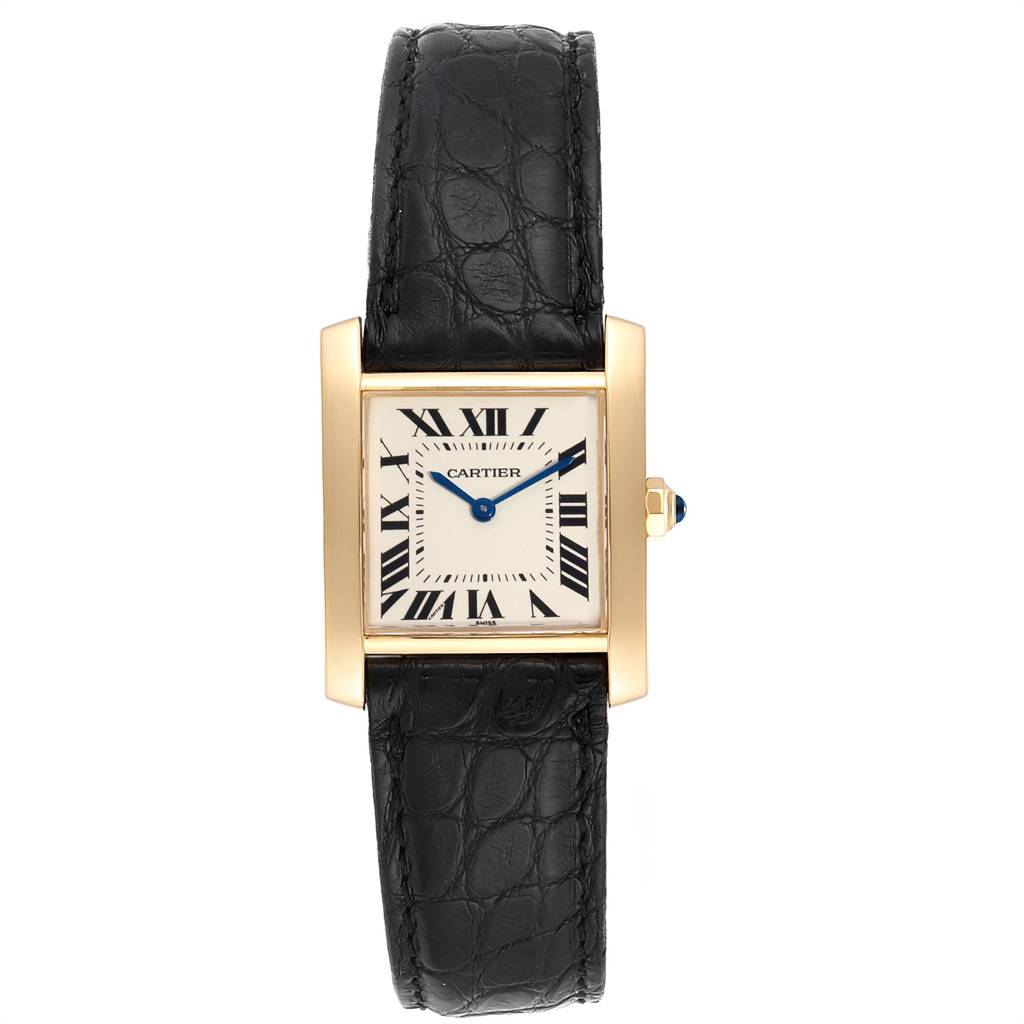 The image shows a frontal view of a Cartier Tank Francaise W50003N2 Women's Yellow Gold Silver Dial W50003N2 Women's Yellow Gold Silver Dial watch, featuring its rectangular dial, black leather strap, and gold casing.