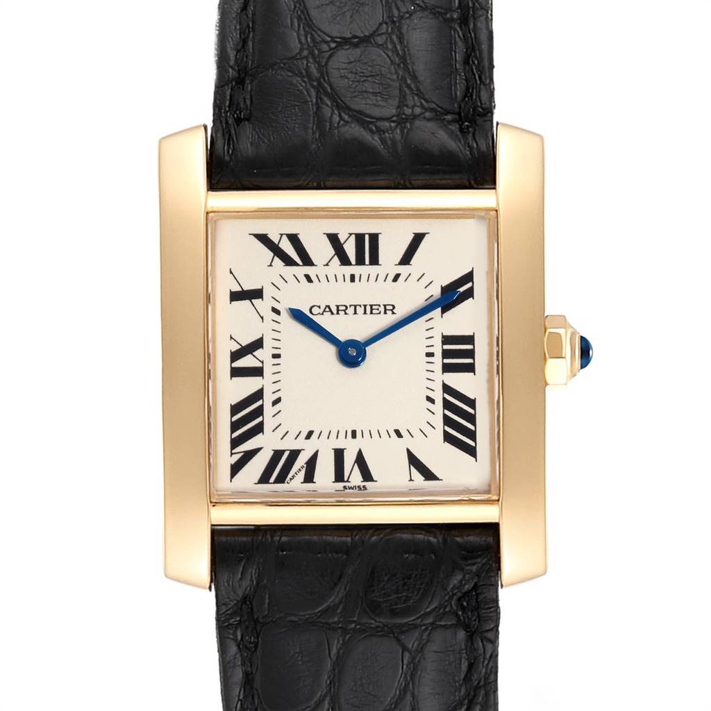 This image shows a front view of a Cartier Tank Francaise W50003N2 Women's Yellow Gold Silver Dial W50003N2 Women's Yellow Gold Silver Dial watch, highlighting its square face, Roman numeral markers, and black leather strap.