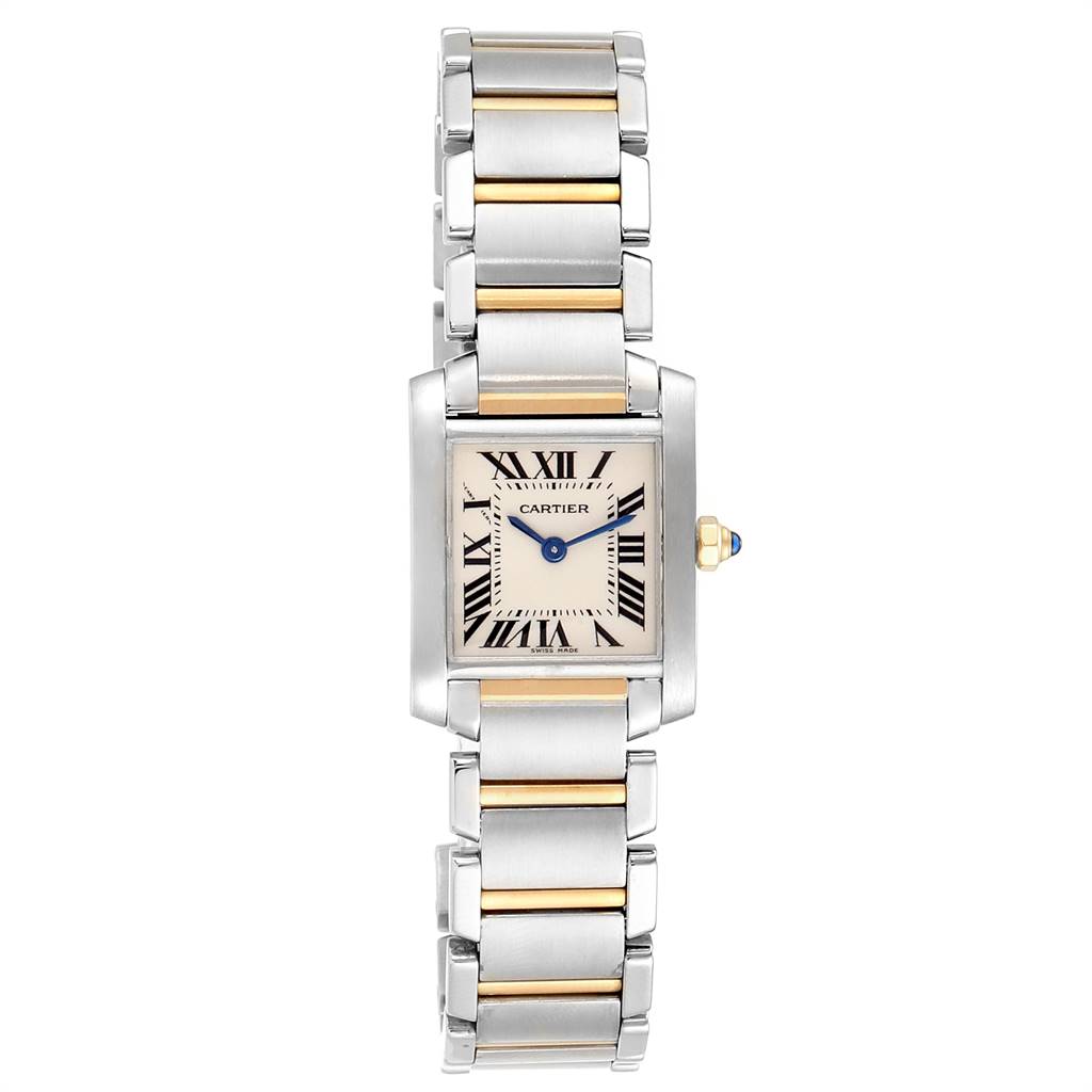 This Cartier Tank Francaise W51007Q4 Women's Steel and Gold (two tone) Silver Dial W51007Q4 Women's Steel and Gold (two tone) Silver Dial watch is shown from a front view, highlighting its rectangular face and metal bracelet.