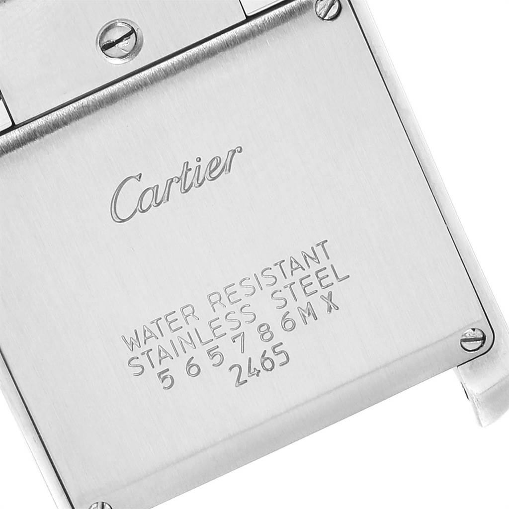 The image shows the back of a Cartier Tank Française watch, highlighting the brand name and specifications.