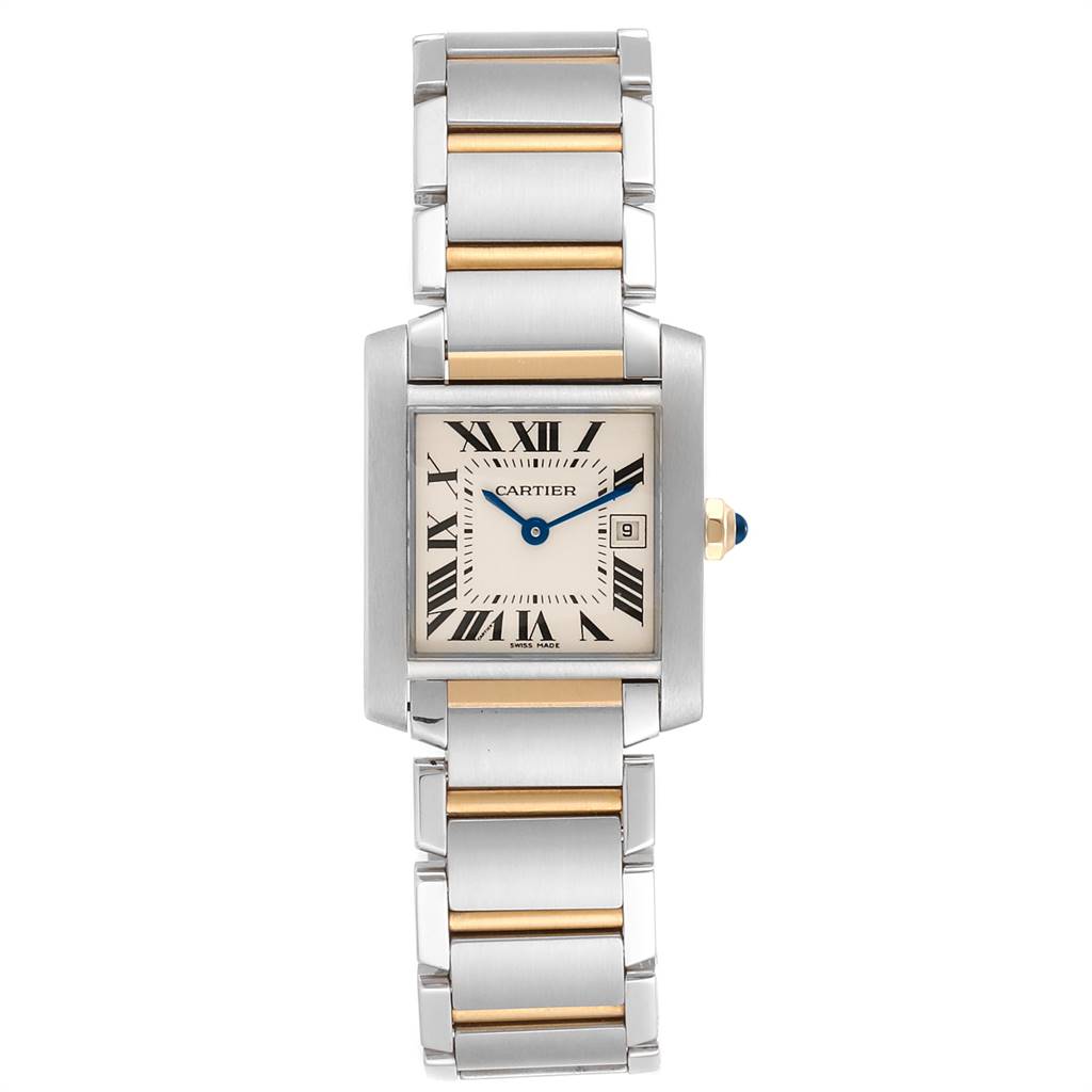 The Cartier Tank Française watch is shown from a front angle, displaying its face, Roman numeral markers, and metal bracelet.
