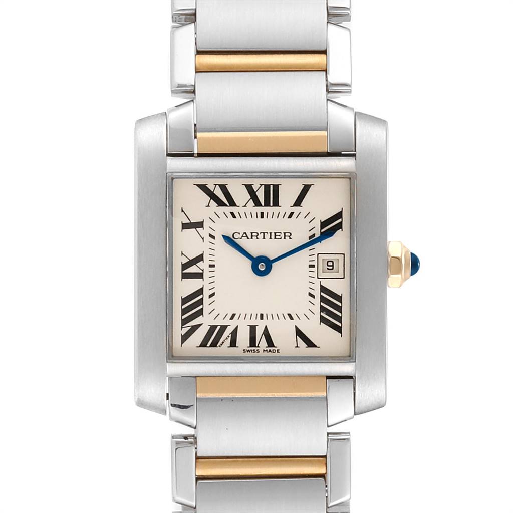 This image shows the front view of a Cartier Tank Française watch, highlighting its face, Roman numerals, and metal bracelet.