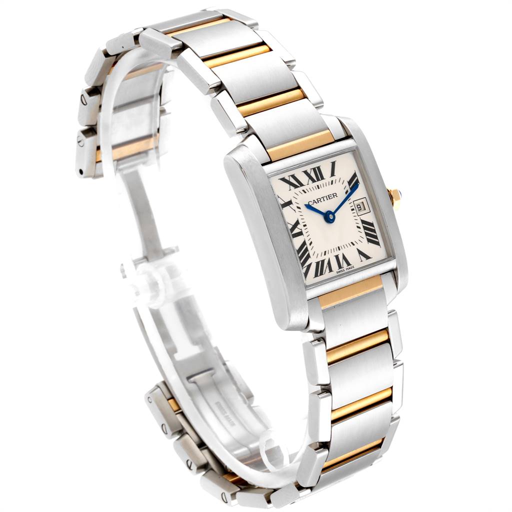 The image shows a Cartier Tank Francaise W51012Q4 Women's Steel and Gold (two tone) Silver Dial W51012Q4 Women's Steel and Gold (two tone) Silver Dial watch from a side angle, highlighting the face, bracelet, and clasp.