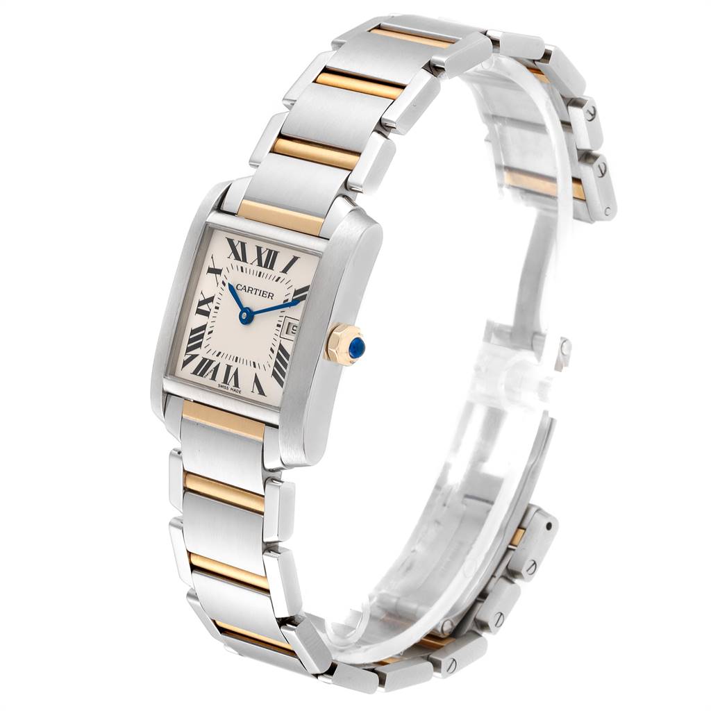 This image shows a three-quarter view of a Cartier Tank Française watch, highlighting its two-tone metal strap and rectangular face.