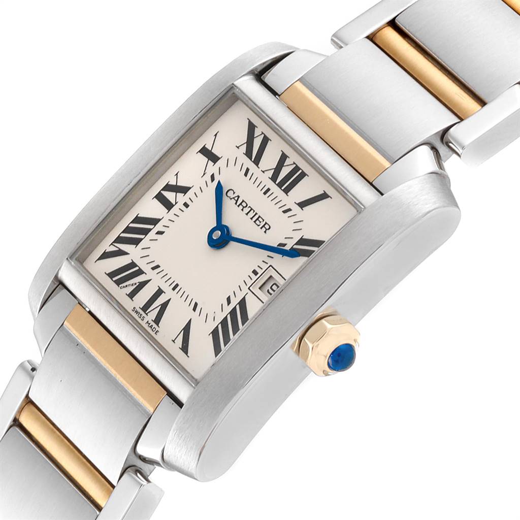 The image shows a close-up angle of the Cartier Tank Francaise W51012Q4 Women's Steel and Gold (two tone) Silver Dial W51012Q4 Women's Steel and Gold (two tone) Silver Dial watch, focusing on its face, bracelet, and crown.