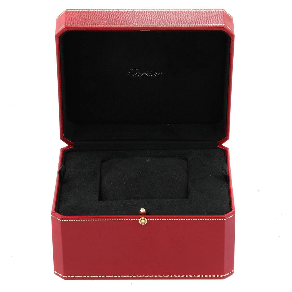 This image shows an open red Cartier box for a Tank Francaise model watch, displaying the interior cushion.