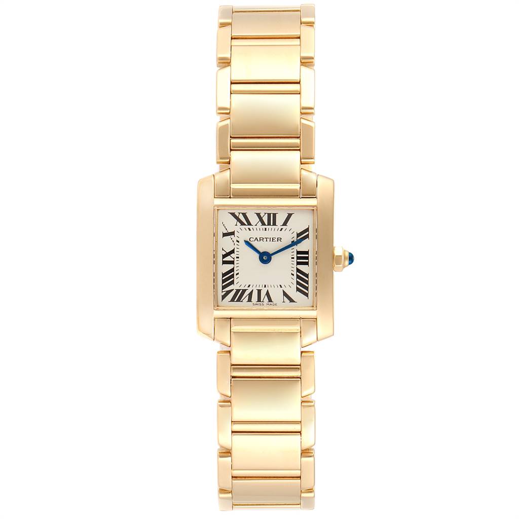 This image shows a frontal view of a Cartier Tank Francaise W50002N2 Women's Yellow Gold Silver Dial W50002N2 Women's Yellow Gold Silver Dial watch, highlighting its gold bracelet and rectangular dial with Roman numerals.