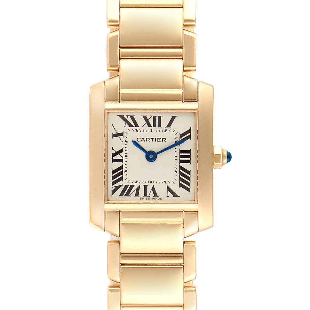 This image shows a frontal view of the Cartier Tank Française watch, displaying its face, bezel, and bracelet.
