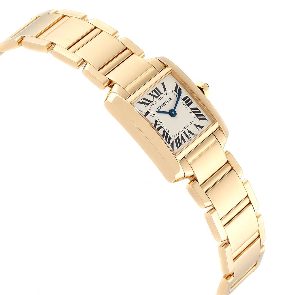 The image shows a side angle of a Cartier Tank Francaise W50002N2 Women's Yellow Gold Silver Dial W50002N2 Women's Yellow Gold Silver Dial watch, highlighting its gold bracelet and rectangular dial.