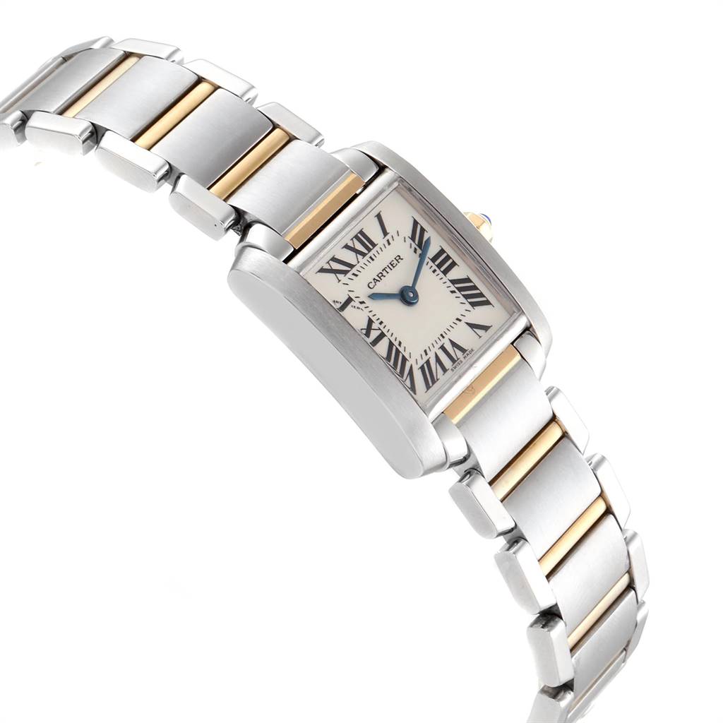 This image shows a Cartier Tank Francaise W51007Q4 Women's Steel and Gold (two tone) Silver Dial W51007Q4 Women's Steel and Gold (two tone) Silver Dial watch, angled to display its rectangular face, Roman numerals, and steel and gold bracelet.
