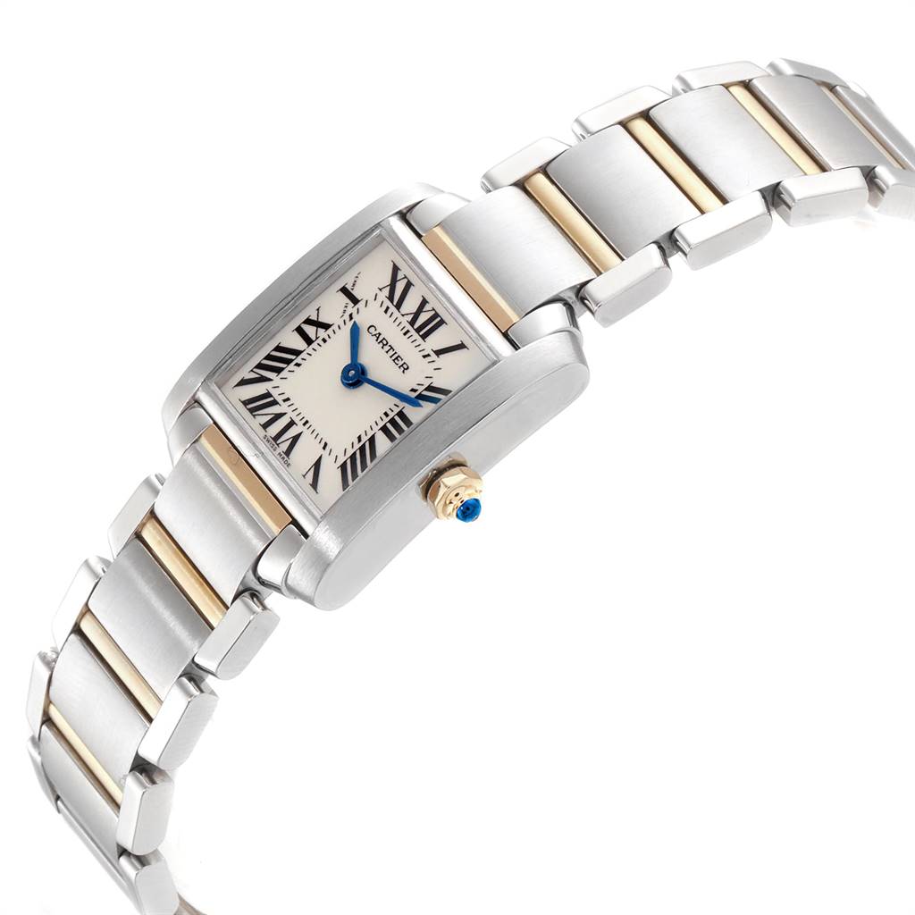This image shows a tilted angle of the Cartier Tank Francaise W51007Q4 Women's Steel and Gold (two tone) Silver Dial W51007Q4 Women's Steel and Gold (two tone) Silver Dial watch, focusing on the face, bezel, crown, and part of the bracelet.