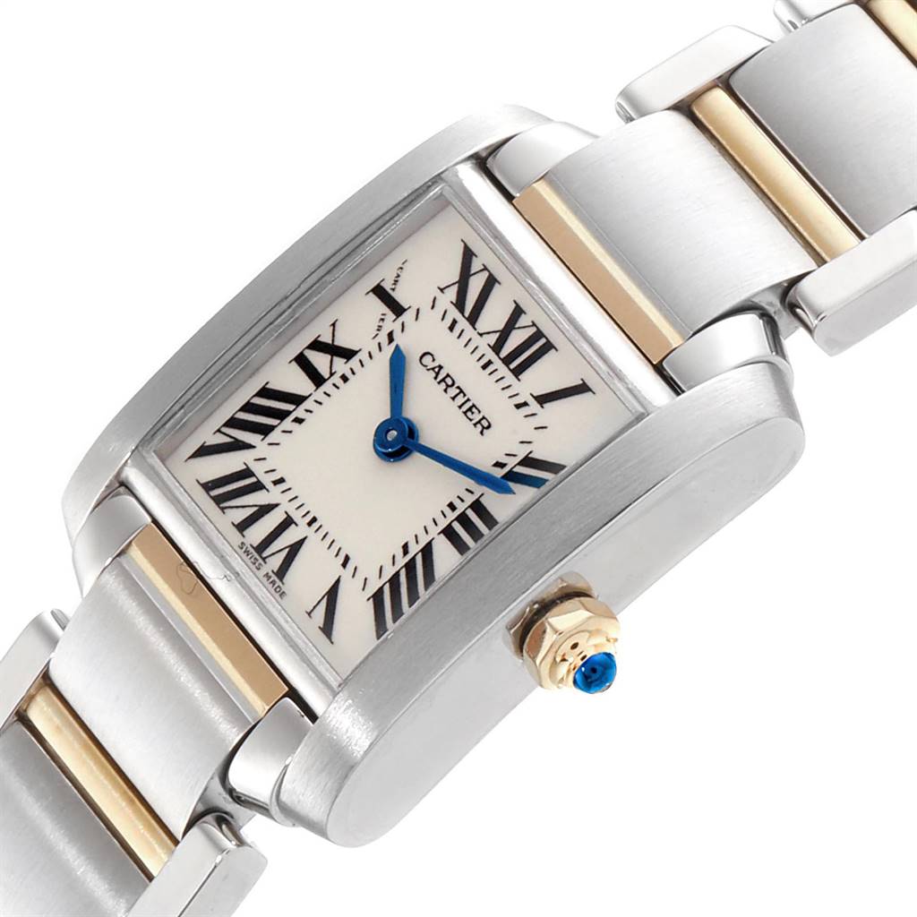 The image shows a close-up angled view of the face and band of a Cartier Tank Française watch.