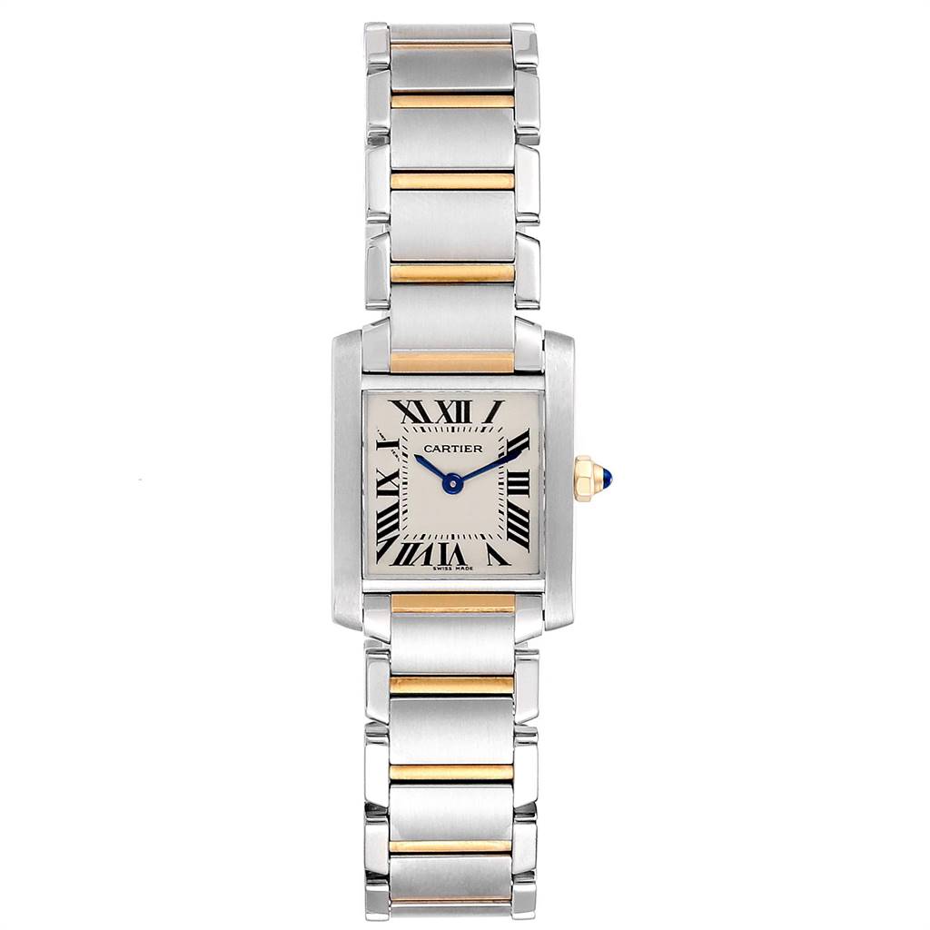 This image shows the Cartier Tank Française watch from a front view, displaying the face, bracelet, and crown.