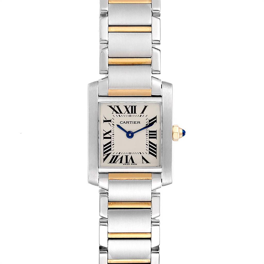 The image shows a frontal view of a Cartier Tank Française watch, displaying the dial, bracelet, and crown.
