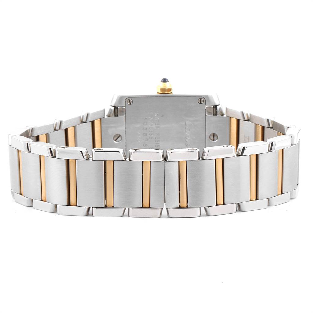 The image shows the backside and band of a Cartier Tank Francaise W51007Q4 Women's Steel and Gold (two tone) Silver Dial W51007Q4 Women's Steel and Gold (two tone) Silver Dial watch, detailing its stainless steel and gold links.