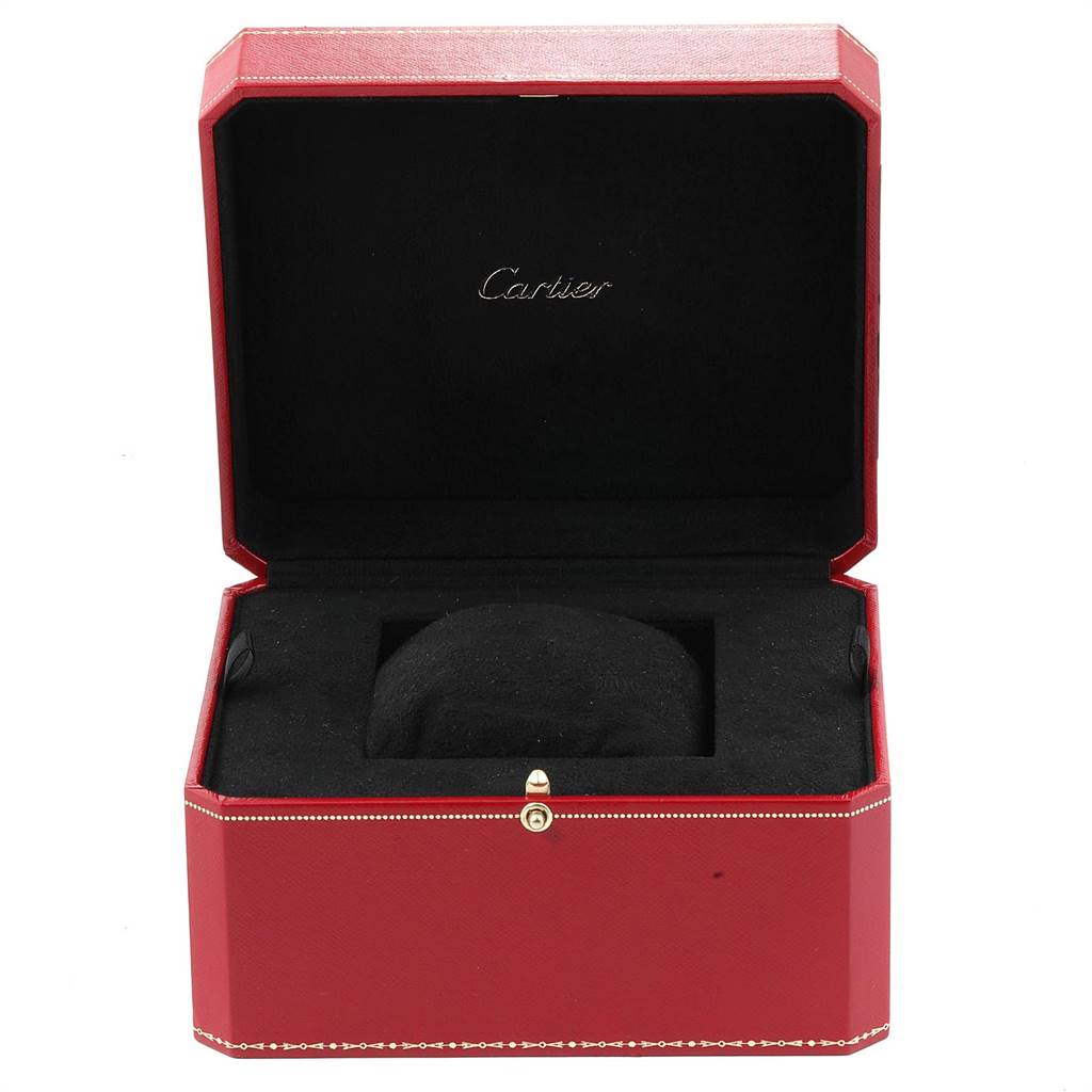 The image shows an open Cartier red box, typically used for the Tank Francaise model watch.