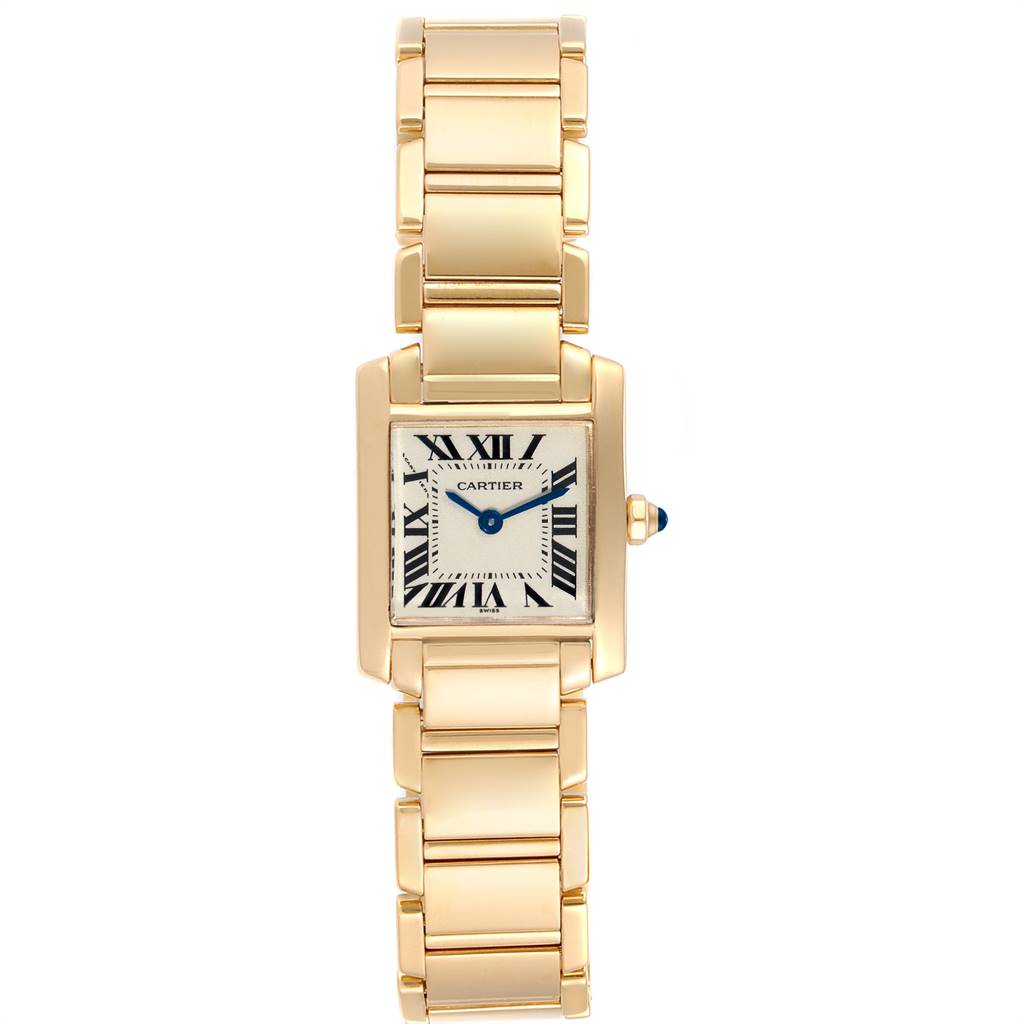 The image shows a front view of the Cartier Tank Francaise W50002N2 Women's Yellow Gold Silver Dial W50002N2 Women's Yellow Gold Silver Dial watch, highlighting its rectangular face, Roman numerals, and gold bracelet.