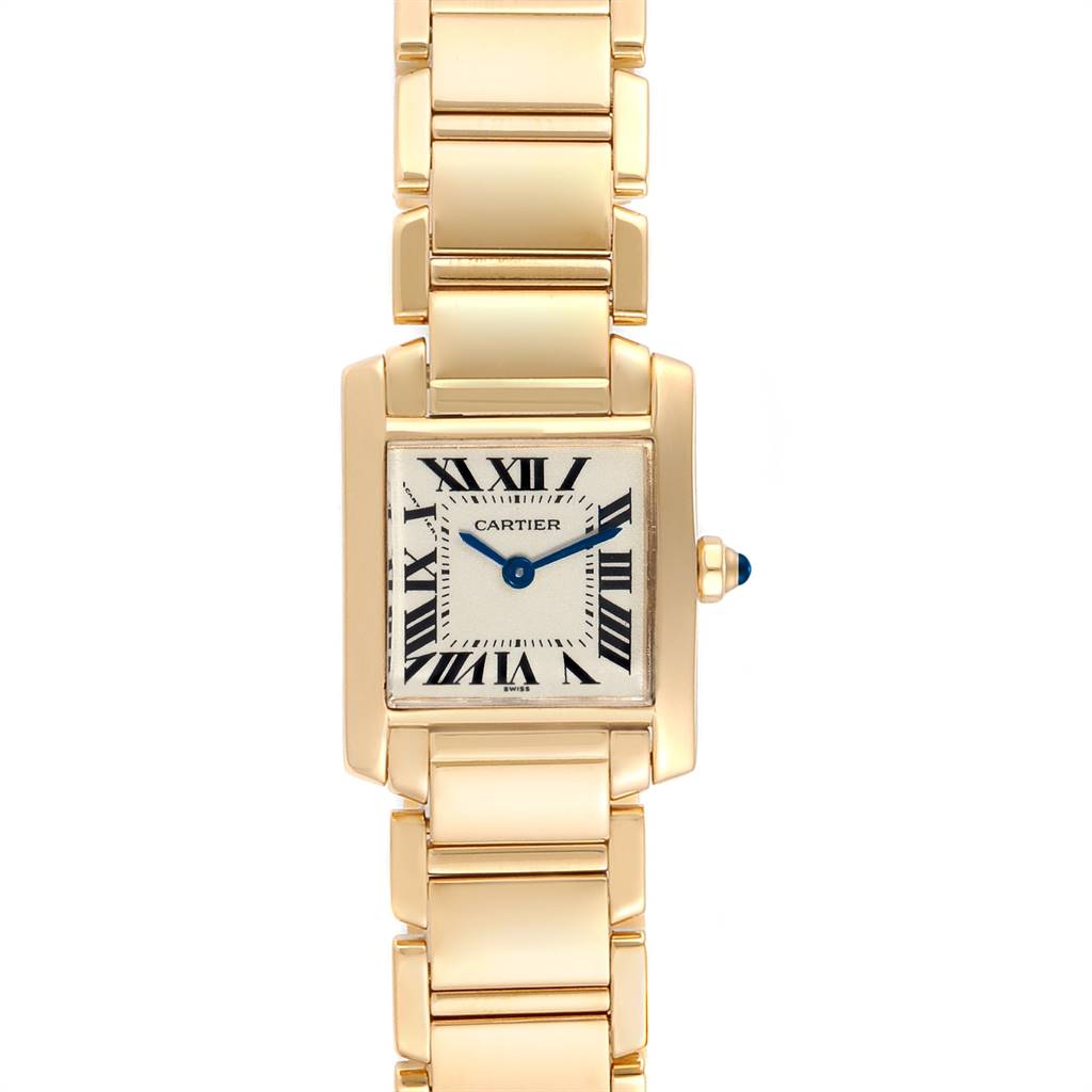 This image shows a front view of the Cartier Tank Francaise W50002N2 Women's Yellow Gold Silver Dial W50002N2 Women's Yellow Gold Silver Dial watch, highlighting its rectangular dial, Roman numerals, and metal link bracelet.