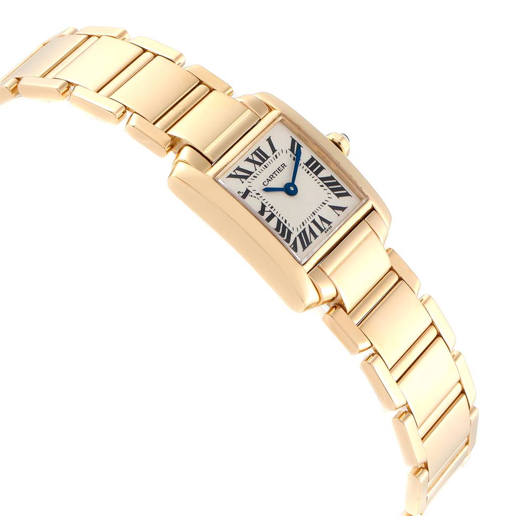 The image shows a Cartier Tank Francaise W50002N2 Women's Yellow Gold Silver Dial W50002N2 Women's Yellow Gold Silver Dial watch at an angled view, highlighting the face, bezel, and part of the bracelet.