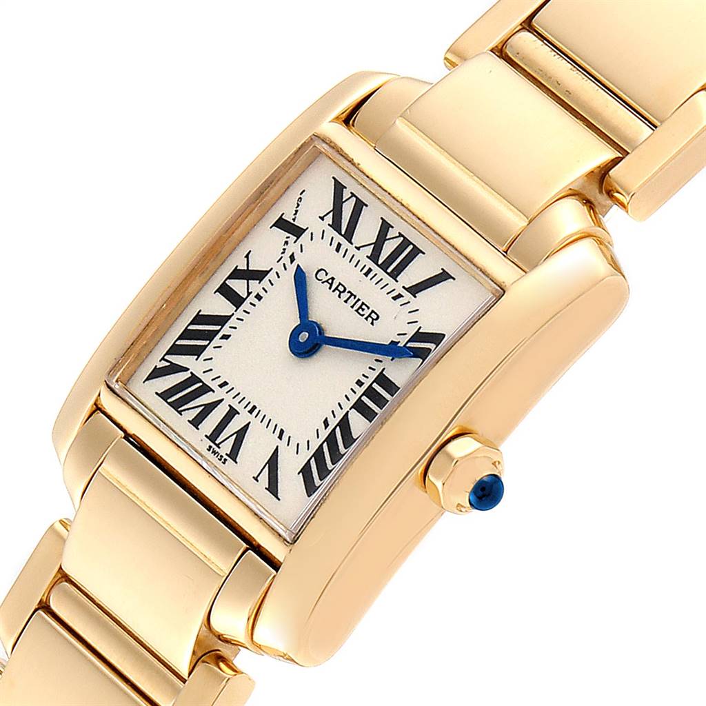 The image shows a close-up of the Cartier Tank Française watch highlighting the face, crown, and part of the bracelet.