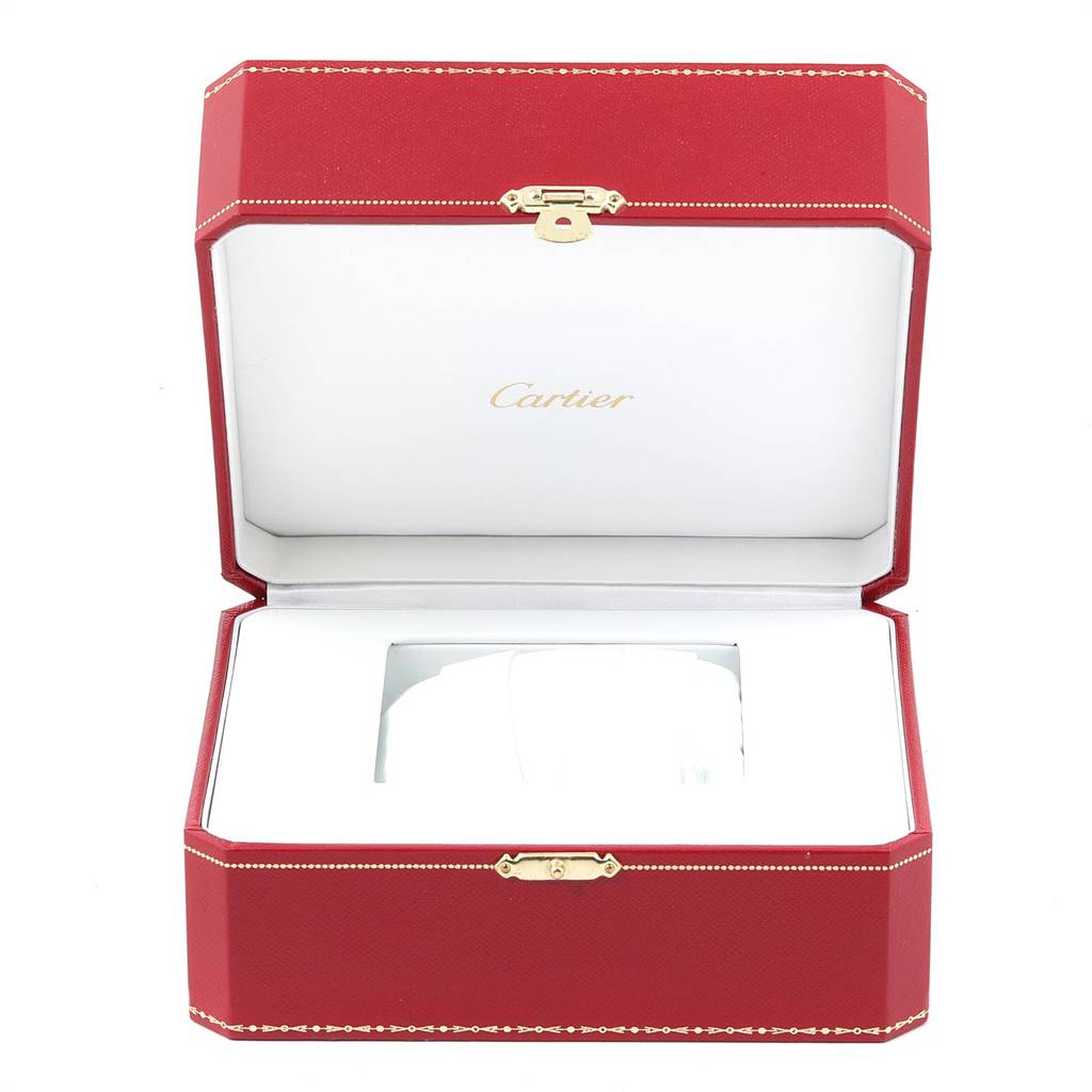 The Tank Francaise by Cartier is shown inside an open red Cartier watch box with gold accents.