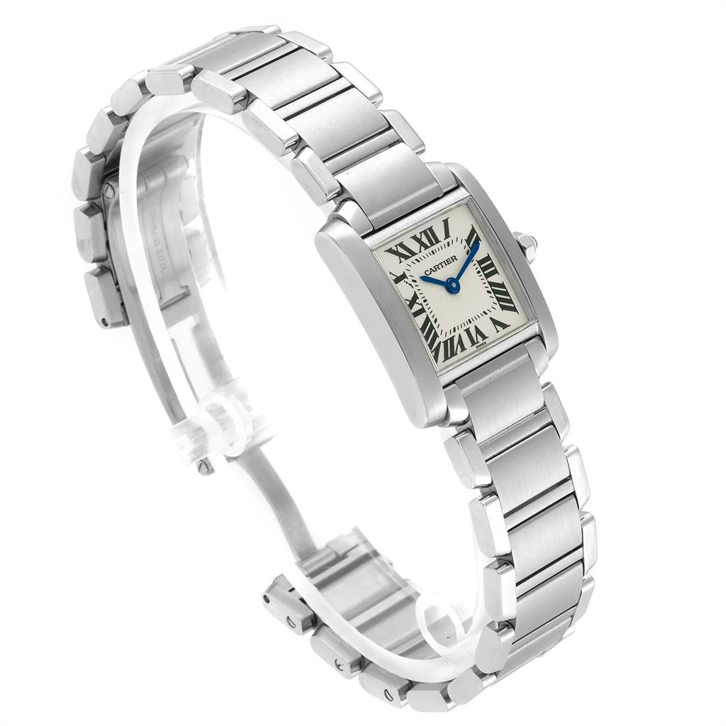 This image shows a side and top angle of a Cartier Tank Francaise W51008Q3 Women
s Stainless Steel Silver Dial W51008Q3 Women
s Stainless Steel Silver Dial watch, highlighting its stainless steel bracelet and rectangular dial.