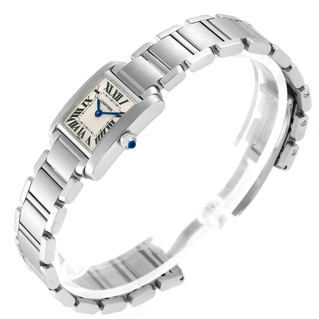 The image shows an angled view of a Cartier Tank Francaise W51008Q3 Women
s Stainless Steel Silver Dial W51008Q3 Women
s Stainless Steel Silver Dial watch, highlighting the rectangular face, bracelet, and blue cabochon crown.