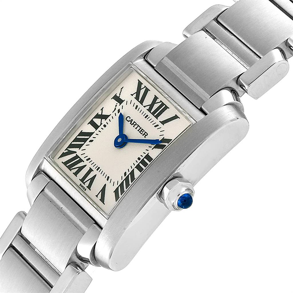 The image shows a close-up angled view of the Cartier Tank Francaise W51008Q3 Women
s Stainless Steel Silver Dial W51008Q3 Women
s Stainless Steel Silver Dial watch, featuring the face, bracelet, and crown.