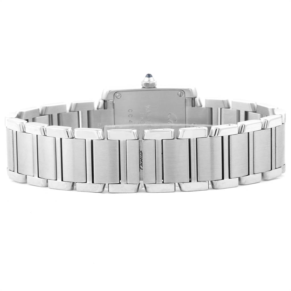 The image shows the back of a Cartier Tank Francaise W51008Q3 Women
s Stainless Steel Silver Dial W51008Q3 Women
s Stainless Steel Silver Dial watch, including the case back and metal bracelet.