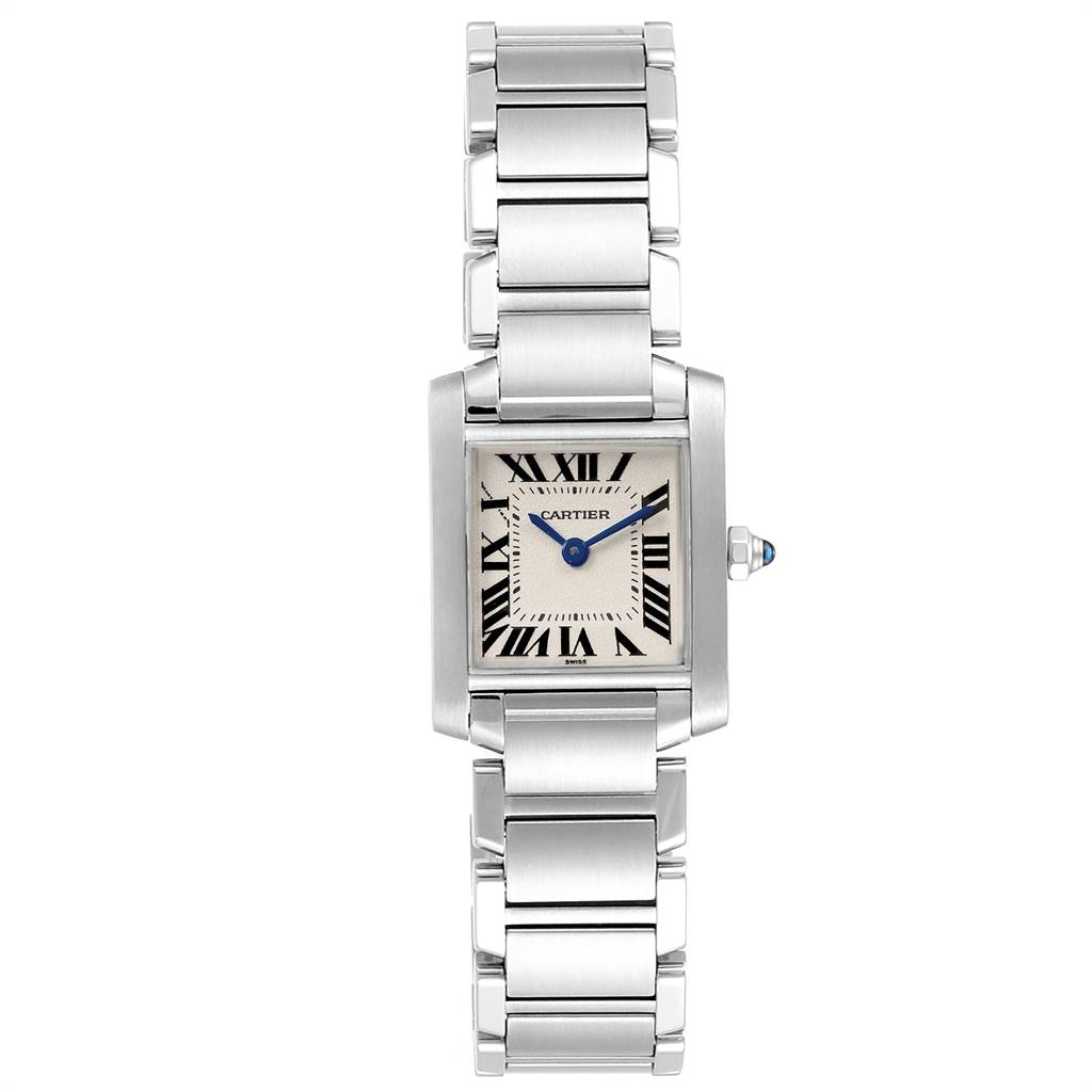 This image shows a front view of a Cartier Tank Française watch with its complete metal bracelet.