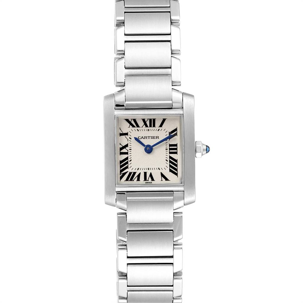 The Cartier Tank Francaise W51008Q3 Women
s Stainless Steel Silver Dial W51008Q3 Women
s Stainless Steel Silver Dial watch is shown from the front, displaying its rectangular face, Roman numerals, and metal bracelet.