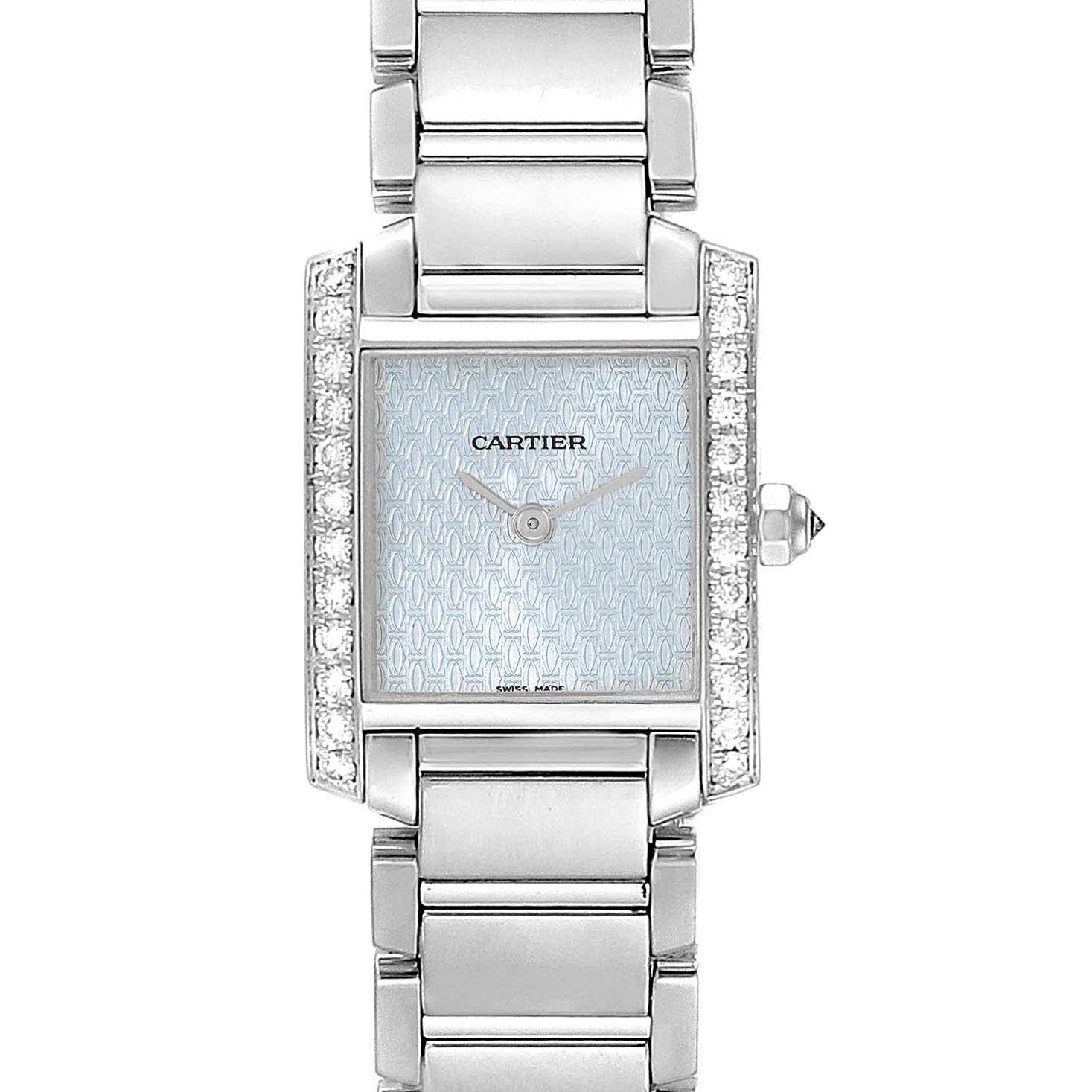 This image shows a Cartier Tank Francaise 2403 Women's White Gold Blue Dial 2403 Women's White Gold Blue Dial watch's face and bracelet from a top-down angle.