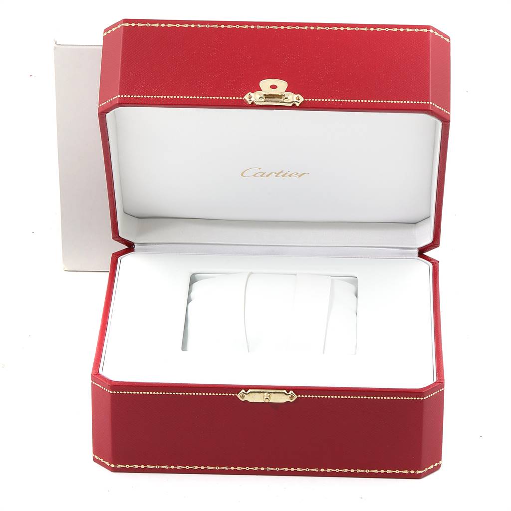 The image displays an open Cartier box for the Tank Française model watch, viewed from the front.