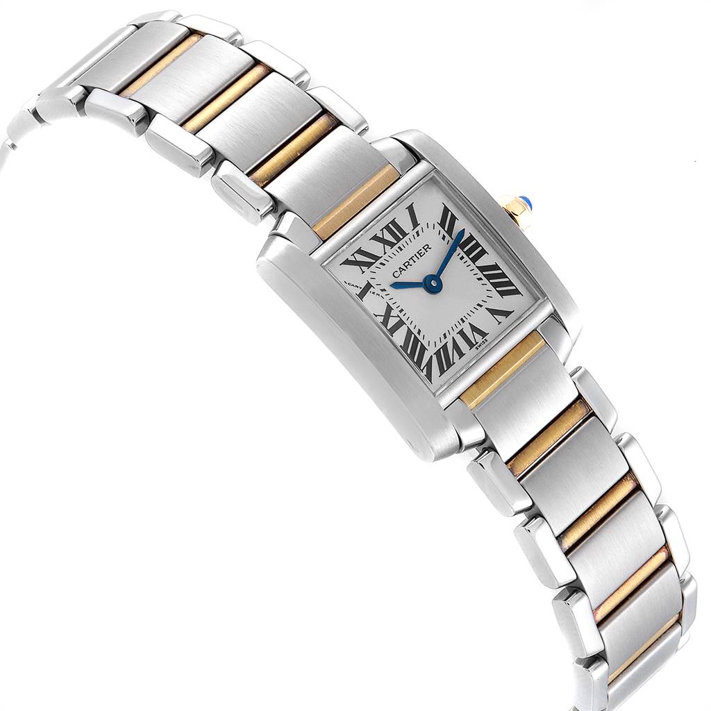 The Cartier Tank Francaise W51007Q4 Women's Steel and Gold (two tone) Silver Dial W51007Q4 Women's Steel and Gold (two tone) Silver Dial watch is shown at an angled view, highlighting the face, case, and part of the bracelet.