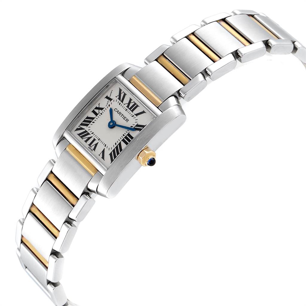 The Cartier Tank Francaise W51007Q4 Women's Steel and Gold (two tone) Silver Dial W51007Q4 Women's Steel and Gold (two tone) Silver Dial watch is shown at an angle, displaying the face, bracelet, and crown.