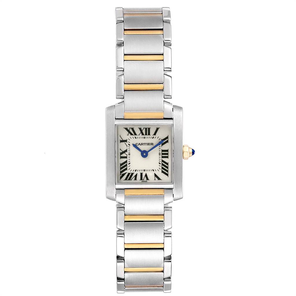 The image shows a Cartier Tank Française watch from a front angle, highlighting its rectangular face and two-tone metal strap.