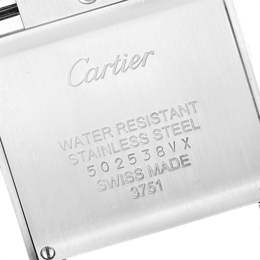 The image shows the back case of a Cartier Tank Francaise W2TA0003 Women's Steel and Gold (two tone) Silver Dial W2TA0003 Women's Steel and Gold (two tone) Silver Dial watch.