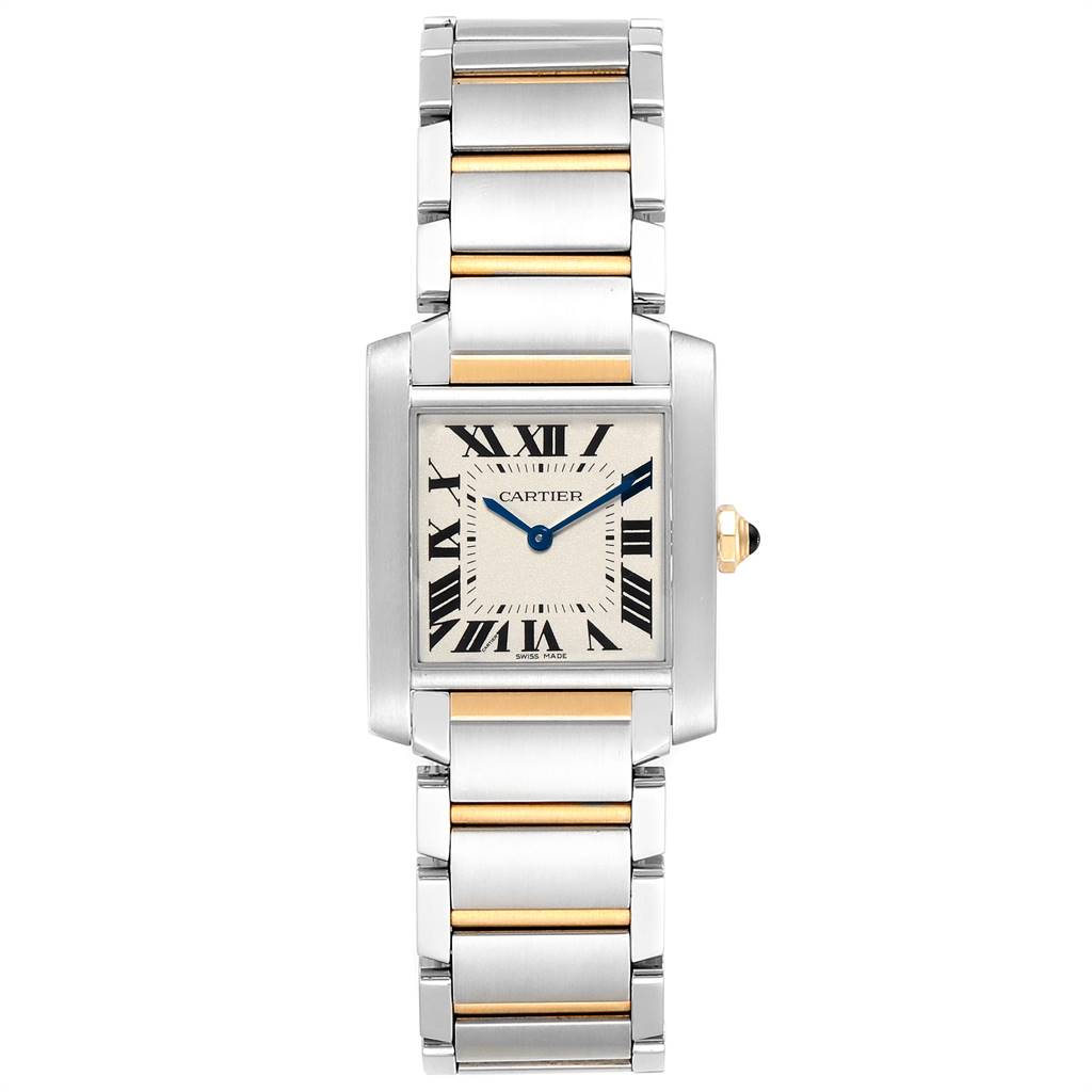 The image shows a frontal view of the Cartier Tank Francaise W2TA0003 Women's Steel and Gold (two tone) Silver Dial W2TA0003 Women's Steel and Gold (two tone) Silver Dial watch, highlighting the face, bezel, and dual-tone metal bracelet.