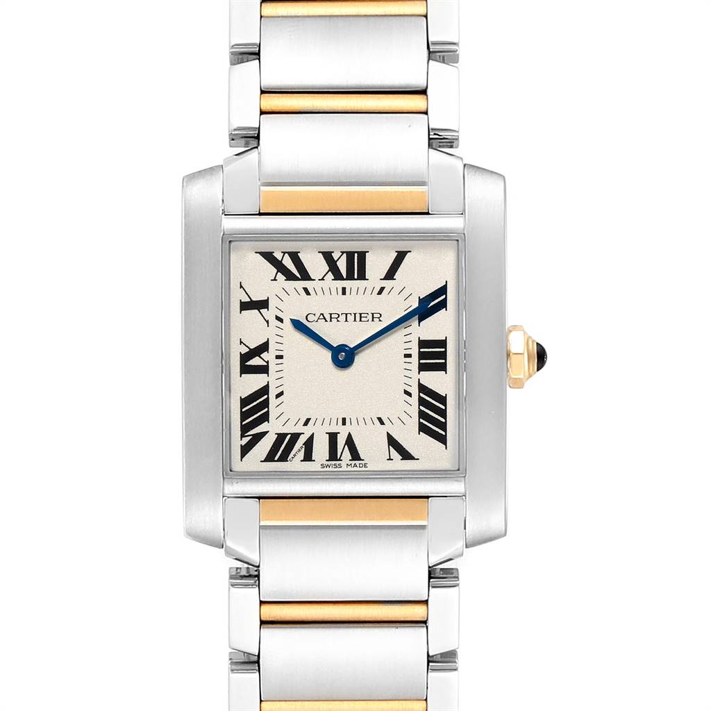 The image shows a front view of the face and two-tone bracelet of the Cartier Tank Francaise W2TA0003 Women's Steel and Gold (two tone) Silver Dial W2TA0003 Women's Steel and Gold (two tone) Silver Dial watch.