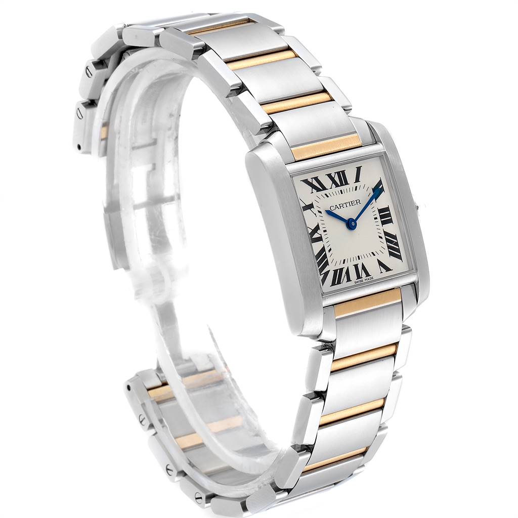This is an angled front view of a Cartier Tank Francaise W2TA0003 Women's Steel and Gold (two tone) Silver Dial W2TA0003 Women's Steel and Gold (two tone) Silver Dial watch, displaying its face and bracelet.