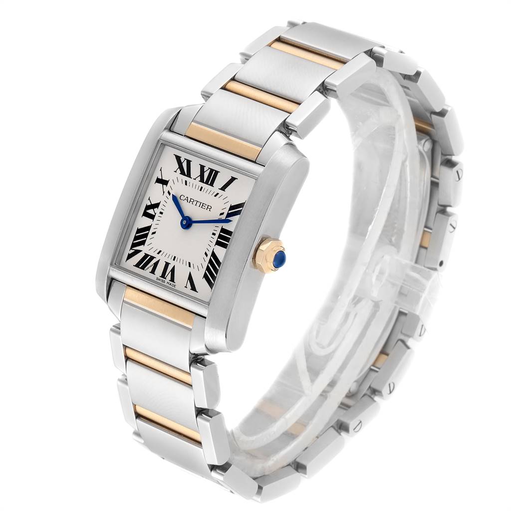 The image shows a Cartier Tank Francaise W2TA0003 Women's Steel and Gold (two tone) Silver Dial W2TA0003 Women's Steel and Gold (two tone) Silver Dial watch at a three-quarter angle highlighting the face, crown, and bracelet.