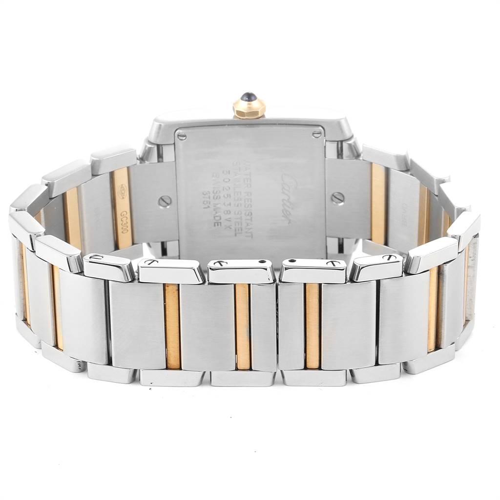 The image shows the back view and bracelet of a Cartier Tank Francaise W2TA0003 Women's Steel and Gold (two tone) Silver Dial W2TA0003 Women's Steel and Gold (two tone) Silver Dial watch, highlighting the two-tone metal links.