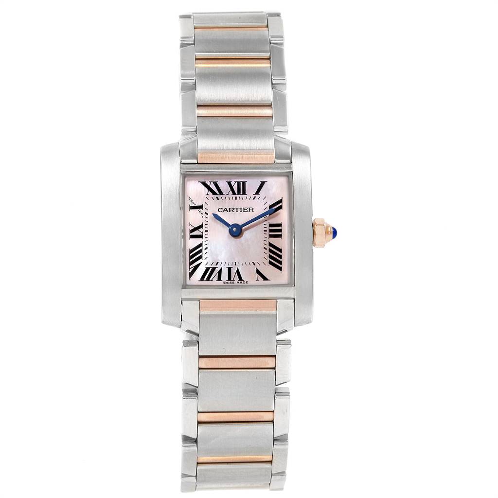This image shows a front view of the Cartier Tank Francaise W51027Q4 Women's Steel and Gold (two tone) Mother of Pearl Dial W51027Q4 Women's Steel and Gold (two tone) Mother of Pearl Dial watch, highlighting its rectangular dial and mixed metal bracelet.