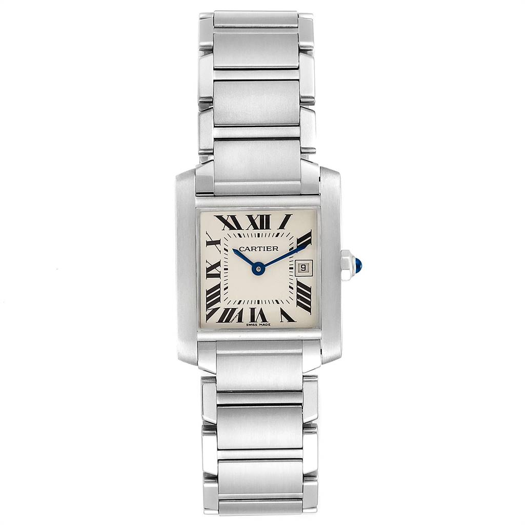 The image shows a Cartier Tank Francaise W51011Q3 Women's Stainless Steel Silver Dial W51011Q3 Women's Stainless Steel Silver Dial watch with its square face, bracelet band, and Roman numeral dial from a front angle.
