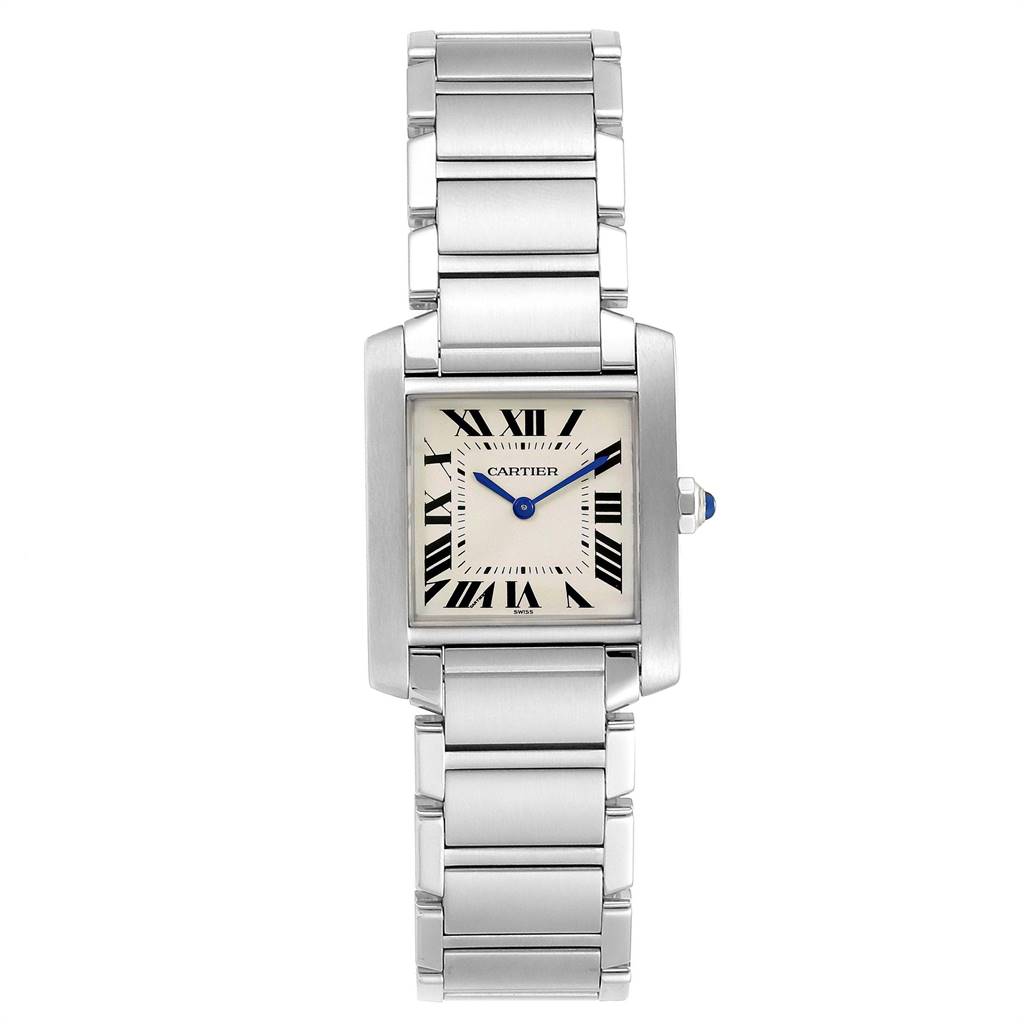 The image shows a top view of the Cartier Tank Française watch, highlighting its bracelet, rectangular dial, and Roman numeral markers.