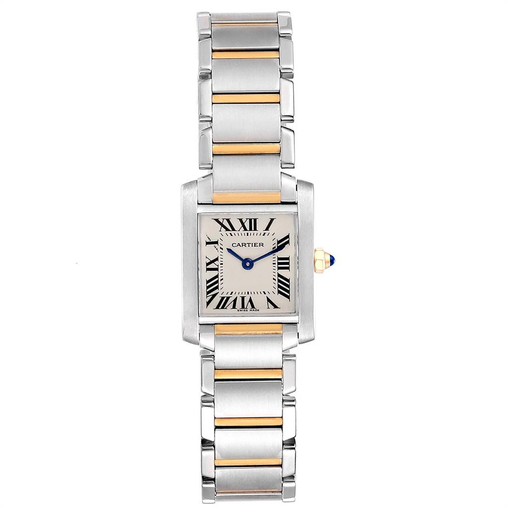 The image shows a front view of the Cartier Tank Française watch, displaying its rectangular face, Roman numeral dial, and two-tone bracelet.