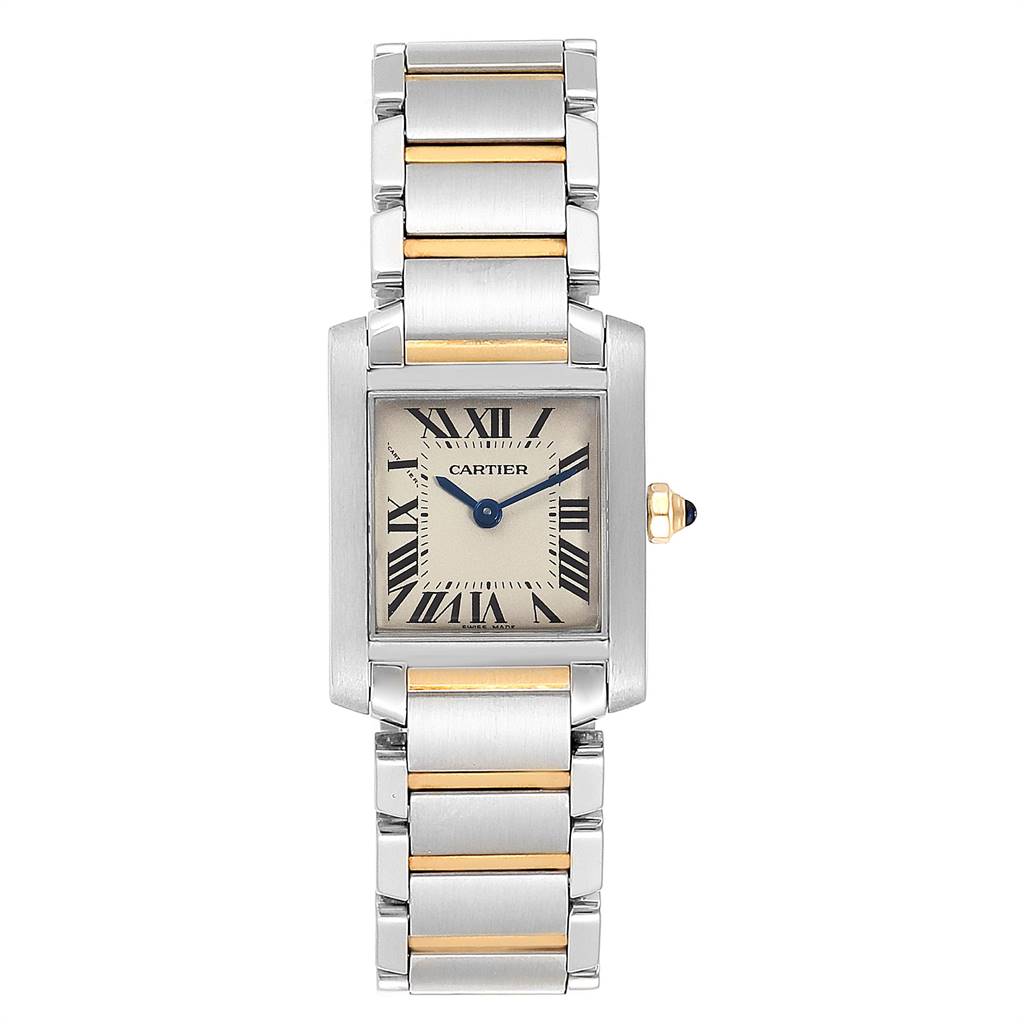 The image shows a front view of a Cartier Tank Francaise W51007Q4 Women's Steel and Gold (two tone) Silver Dial W51007Q4 Women's Steel and Gold (two tone) Silver Dial watch, highlighting its face and two-tone bracelet.