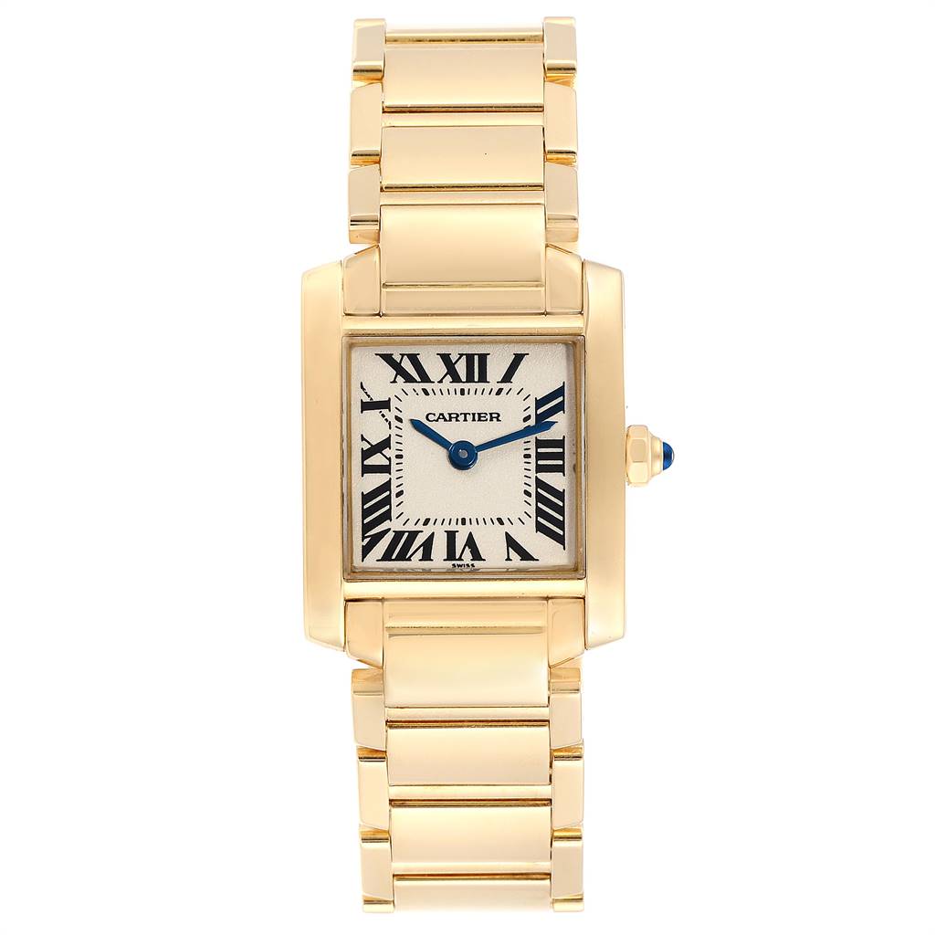The image shows a Cartier Tank Francaise W50002N2 Women's Yellow Gold Silver Dial W50002N2 Women's Yellow Gold Silver Dial watch from a front angle, displaying its gold case, bracelet, and blue hands.
